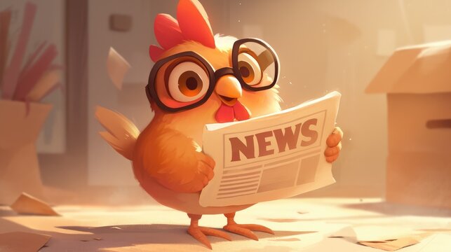 A lively and captivating cartoon rendered illustration featuring a cartoon hen character proudly holding a news sign