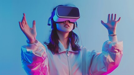 Enthused young asian woman dons vr headset, eagerly raising hand to explore virtual reality or metaverse for 3d immersion