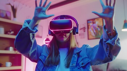 Fervent young asian woman wearing vr headset raises hand with excitement, immersing in virtual reality or metaverse for 3d engagement