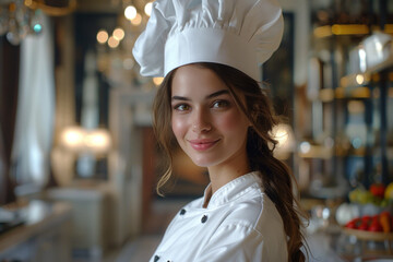 Brunette woman wearing chef uniform in luxury hotel restaurant kitchen