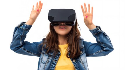 Eager young asian woman in vr headset lifts hand with enthusiasm, experiencing virtual reality or metaverse for 3d adventure