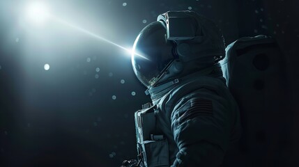 Close shot of astronaut posing in space with a dark backdrop and little white light touching his helmet with a big space for text, Generative AI.