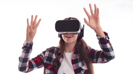 Animated young asian woman wearing vr headset raises hand eagerly, embracing virtual reality or metaverse for 3d journey