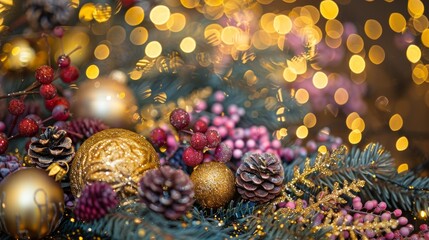 Obraz na płótnie Canvas A luxury Christmas tabletop featuring a close-up of fir branches, deep yellow and purple trinkets, light pink berries, and a background of unfocused golden lights