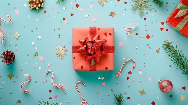 A festive setting featuring a red Christmas gift surrounded by congratulatory notes in pastel colors, top view on a mint-colored background