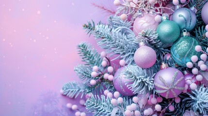 Fototapeta na wymiar A vibrant close-up of a luxury Christmas arrangement with mint-colored and pastel trinkets on fir branches, set against a purple isolated solid pastel background