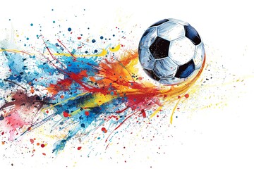 An illustration of football with multicolor splashes with a clean white backdrop and a big space for text or sports product advertisement backdrop, Generative AI.