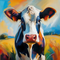 A curious cow in an expressionist style, using vibrant, abstract colors to capture the emotion and intrigue of the animal - generated by ai
