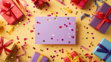 Fototapeta na wymiar Elegant congratulations card surrounded by small gifts in red, purple, and deep yellow, pastel colored setting with focused studio lighting