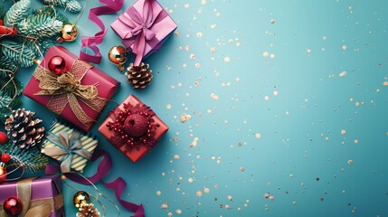 Minimalist top view of a Christmas arrangement with red and purple gifts, pastel-colored fir cones, and soft golden lights on a cyan background