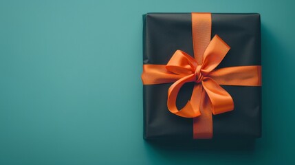 Modern close-up top view of a Christmas gift, sleek black wrapping with a bright orange bow, set against a pastel teal solid background, studio lighting