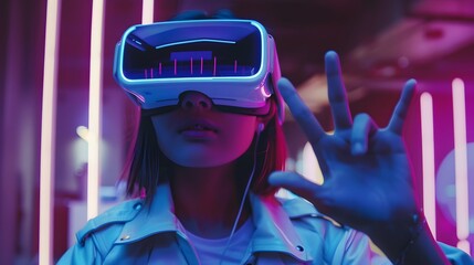 Portrait of a young woman wearing a vr headset while making finger gestures of touching, zooming and swiping. women use virtual reality or metaverse innovation for 3d simulation