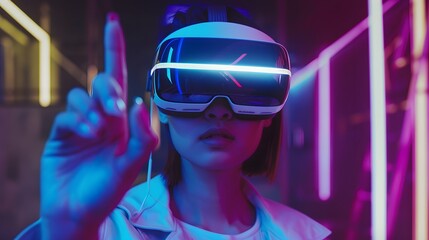 Depiction of a young woman in vr headset gesturing with fingers for touching, zooming and swiping. women utilize virtual reality or metaverse innovation for 3d simulation