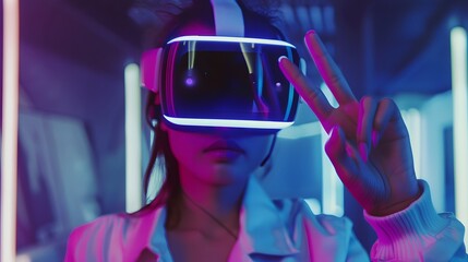 Image of a young woman donning vr headset engaging in finger gestures for touching, zooming and swiping. women adopt virtual reality or metaverse innovation for 3d simulation