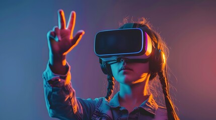 Snapshot of a young woman with vr headset demonstrating finger gestures for touching, zooming and swiping. women engage virtual reality or metaverse innovation for 3d simulation