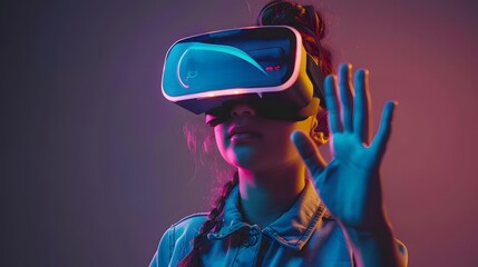 Portrayal of a young woman donning vr headset displaying finger gestures for touching, zooming and swiping. women utilize virtual reality or metaverse innovation for 3d simulation