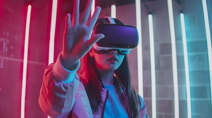 Depiction of a young woman in vr headset showcasing finger gestures for touching, zooming and swiping. women utilize virtual reality or metaverse innovation for 3d simulation
