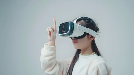 Image of a young woman wearing vr headset illustrating finger gestures for touching, zooming and swiping. women embrace virtual reality or metaverse innovation for 3d simulation
