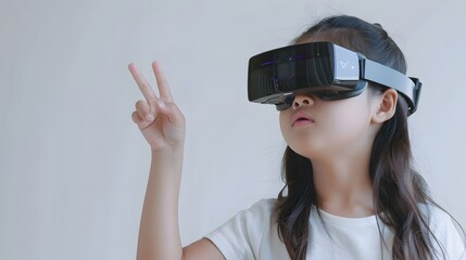 Illustration of a young woman donning vr headset making finger gestures for touching, zooming and swiping. women adopt virtual reality or metaverse innovation for 3d simulation