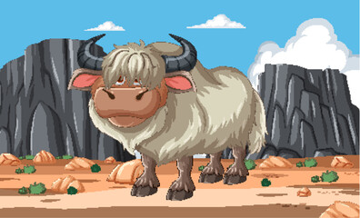 Cartoon yak standing in a desert with mountains.