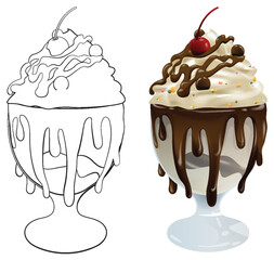 Vector illustration of a chocolate sundae dessert.