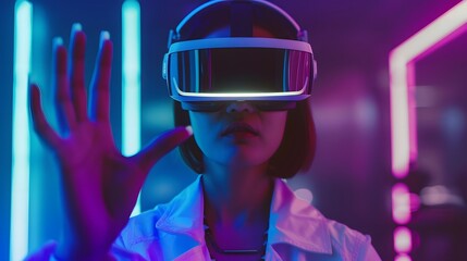 Depiction of a young woman in vr headset displaying finger gestures for touching, zooming and swiping. women utilize virtual reality or metaverse innovation for 3d simulation