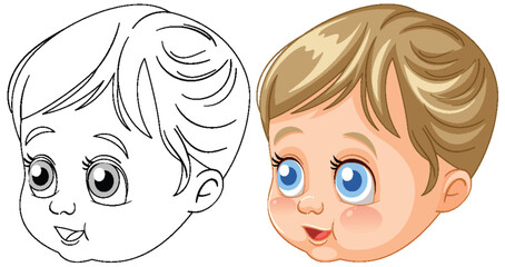 Vector illustration of a baby's face, colored and line art.