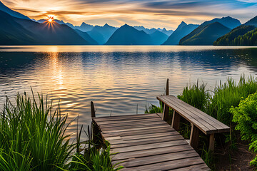 A wooden dock overlooking a calm lake with the sun setting behind a range of mountains in the distance.