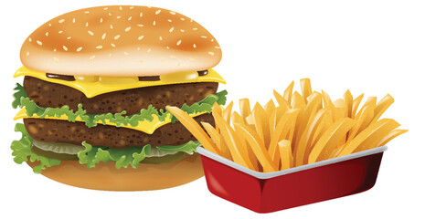 Vector graphic of a cheeseburger with French fries