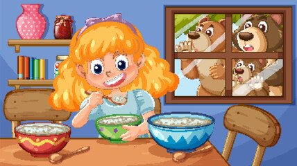 Cheerful girl having cereal as bears peek inside