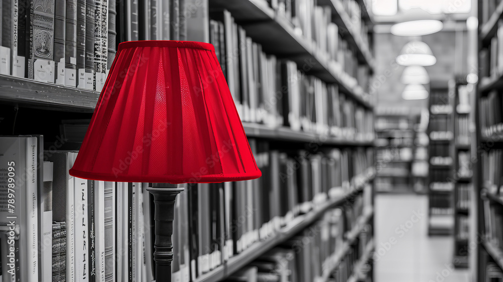 Poster a red lamp is sitting on a table in a library