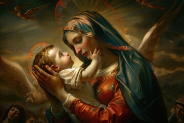 Holy depiction, Madonna and Child, revered in Catholicism as the Blessed Virgin Mary and Jesus Christ. the spiritual significance of this icon in Christian faith and tradition.