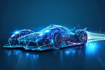 An illustration of a racing a car low poly style design with lots of connections and in a dark backdrop with space for text or technological product backdrop, Generative AI.