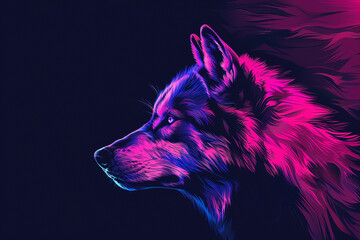 An artistic representation of a Husky logo, created with a fusion of magenta and indigo colors, striking against a backdrop of pure black.
