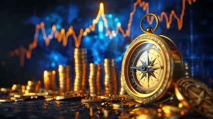 Golden compass pointing towards a rising economic trend line , Guiding investors and policymakers towards economic growth