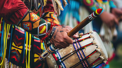 Native american traditional drum and stick. - obrazy, fototapety, plakaty