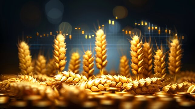 Golden wheat field with a stock market ticker superimposed , Representing the relationship between agricultural commodities and the broader economy