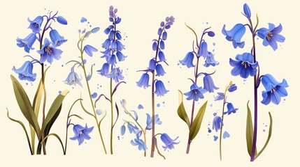 A charming assortment of hand drawn bluebell flowers and leaves come together to form a delightful wild bluebell bouquet This blooming bellflower also known as harebell embodies the essence 