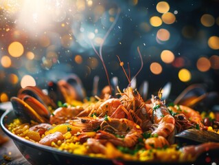 Seafood Paella Spanish Rice Food Dinner Background Image	
 - obrazy, fototapety, plakaty