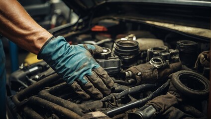 car mechanic changing engine