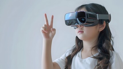 Illustration of a young woman donning vr headset showcasing finger gestures for touching, zooming and swiping. women adopt virtual reality or metaverse innovation for 3d simulation
