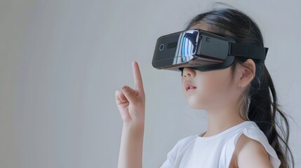 Visualization of a young woman with vr headset illustrating finger gestures for touching, zooming and swiping. women embrace virtual reality or metaverse innovation for 3d simulation