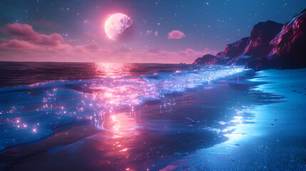 light blue beach covered with colored glowing glass, fluorescent ocean, moonlight,sparkling stars, 3d, ultrawide angle view,aerial view, ling stars moonlight on the ocean - obrazy, fototapety, plakaty