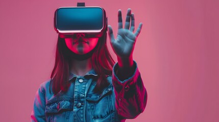 Portrayal of a young woman donning vr headset gesturing with fingers for touching, zooming and swiping. women explore virtual reality or metaverse innovation for 3d simulation