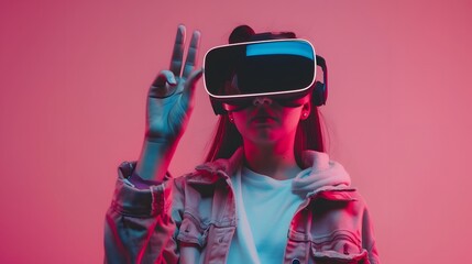 Snapshot of a young woman with vr headset showcasing finger gestures for touching, zooming and swiping. women adopt virtual reality or metaverse innovation for 3d simulation