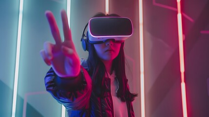 Depiction of a young woman in vr headset gesturing with fingers for touching, zooming and swiping. women explore virtual reality or metaverse innovation for 3d simulation