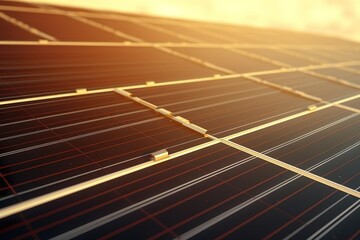 Close up of solar panels with warmth sunlight. Renewable and environmentally friendly energy for human progress. Generative AI