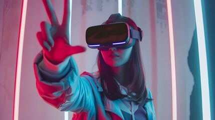 Image of a young woman wearing vr headset engaging in finger gestures for touching, zooming and swiping. women employ virtual reality or metaverse innovation for 3d simulation