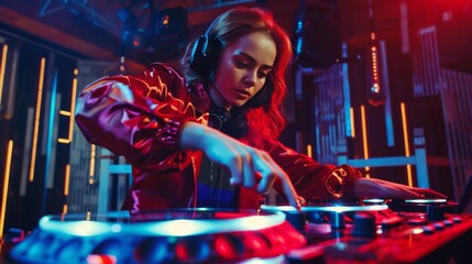 A female DJ is mixing music on a turntable. She is wearing headphones and a red jacket. The background is dark with colorful lights. - obrazy, fototapety, plakaty