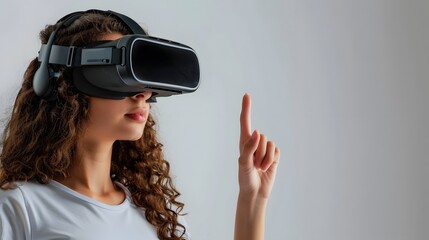 Visualization of a young woman with vr headset gesturing with fingers for touching, zooming and swiping. women adopt virtual reality or metaverse innovation for 3d simulation